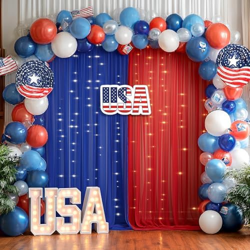 10×10ft Royal Blue Red Tulle Backdrop Curtain with Lights String for Parties, Sheer Photo Backdrop Curtains for, alternate