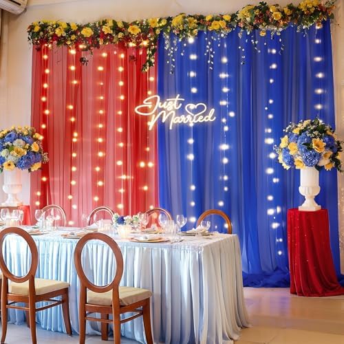 10×10ft Royal Blue Red Tulle Backdrop Curtain with Lights String for Parties, Sheer Photo Backdrop Curtains for, alternate