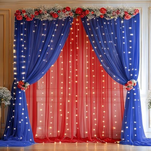 10×10ft Royal Blue Red Tulle Backdrop Curtain with Lights String for Parties, Sheer Photo Backdrop Curtains for, alternate