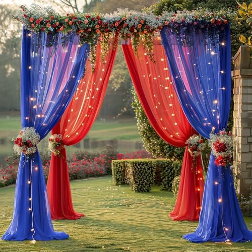 10×10ft Royal Blue Red Tulle Backdrop Curtain with Lights String for Parties, Sheer Photo Backdrop Curtains for, alternate