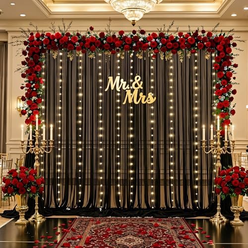 10×12ft Black Sheer Backdrop Curtains with Lights String for Parties Birthday Black Tulle Backdrop Curtain for, alternate