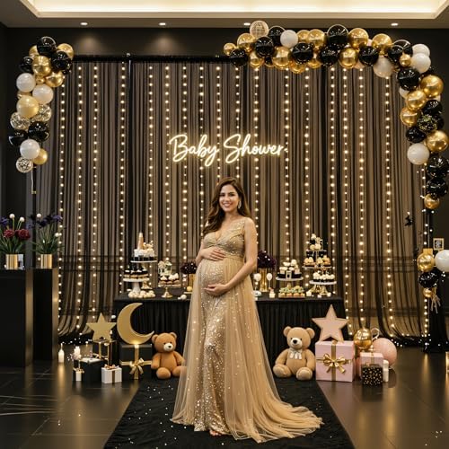 10×12ft Black Sheer Backdrop Curtains with Lights String for Parties Birthday Black Tulle Backdrop Curtain for, alternate