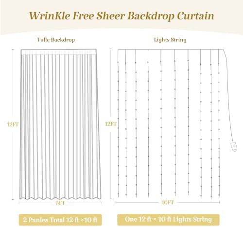 10×12ft Black Sheer Backdrop Curtains with Lights String for Parties Birthday Black Tulle Backdrop Curtain for, alternate