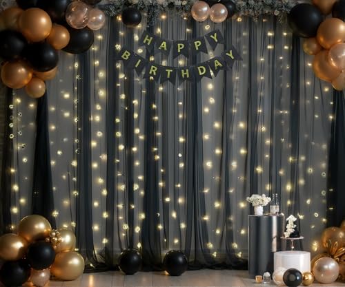 10×12ft Black Sheer Backdrop Curtains with Lights String for Parties Birthday Black Tulle Backdrop Curtain for, alternate