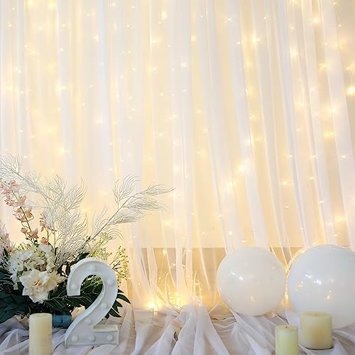 10×12ft White Tulle Backdrop Curtain with Lights String for Parites Sheer Fabric Backdrop Curtains White Curtain, alternate