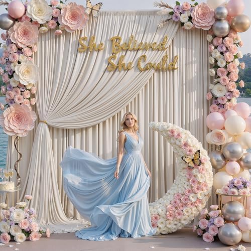10×12ft Wrinkle Free Beige Backdrop Curtain for Wedding Parties-2 Panels 5×12ft Long Soft Silky Polyester