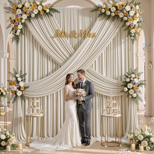 10×12ft Wrinkle Free Beige Backdrop Curtain for Wedding Parties-2 Panels 5×12ft Long Soft Silky Polyester, alternate view 3