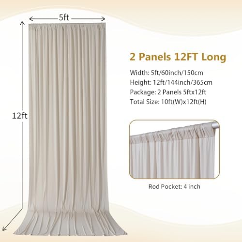 10×12ft Wrinkle Free Beige Backdrop Curtain for Wedding Parties-2 Panels 5×12ft Long Soft Silky Polyester, alternate view 4