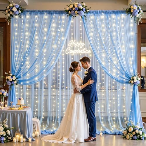 10×15ft Baby Blue Sheer Tulle Backdrop Curtains with Lights String for Parties Baby Shower Decorations for Boy, alternate