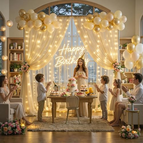 10×15ft Champagne Tulle Backdrop Curtain with Lights String for Parites Sheer Fabric Backdrop Curtains for, alternate view 7