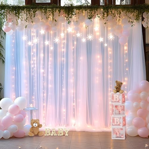 10×15ft White Tulle Backdrop Curtain with Lights String for Parites Sheer Fabric Backdrop Curtains White Curtain, alternate