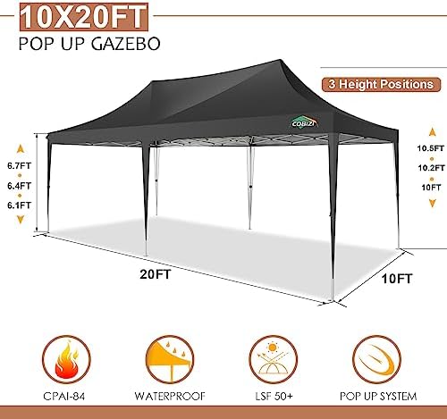 10×20 Pop-Up Canopy Easy Setup Gazebo with Elevated Frame, Black in Black, alternate view 3