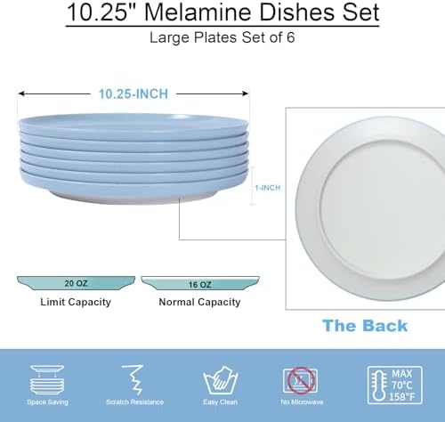 10.25" Melamine Dinner Plates Set of 6 - Durable Serving Dishes Perfect for Kitchen Outdoor Use, Dishwasher, alternate view 3