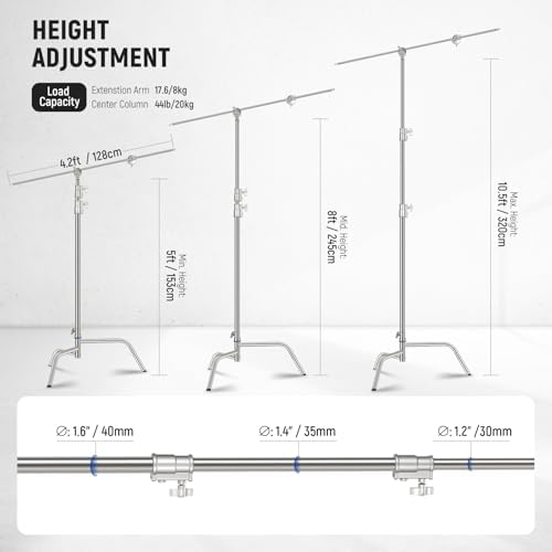 10.5ft Stainless Steel Heavy Duty C Stand with Boom Arm, Quick Setup Base, Thicker Center Rod Max Load, alternate view 2