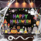 10×6.5ft Happy Halloween Chalkboard Banner, with Stretchy Spider Web in 10 x 6.5 ft in black