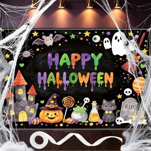 10×6.5ft Happy Halloween Chalkboard Banner, with Stretchy Spider Web in 10 x 6.5 ft in black