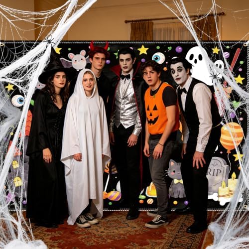 10×6.5ft Happy Halloween Chalkboard Banner, with Stretchy Spider Web in 10 x 6.5 ft in black, alternate view 7