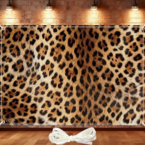 10×6.5Ft Leopard Cheetah Print Fabric Photography Backdrop with 10m Ribbon, Leopard Party Decor Banner for