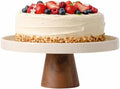 10.7-Inch Stoneware Cake Stand with Acacia Wood Base - Taupe Round Dessert Display Stand for Cakes, Cupcakes &