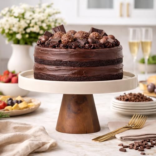 10.7-Inch Stoneware Cake Stand with Acacia Wood Base - Taupe Round Dessert Display Stand for Cakes, Cupcakes &, alternate