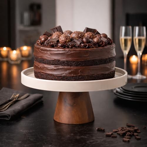 10.7-Inch Stoneware Cake Stand with Acacia Wood Base - Taupe Round Dessert Display Stand for Cakes, Cupcakes &, alternate