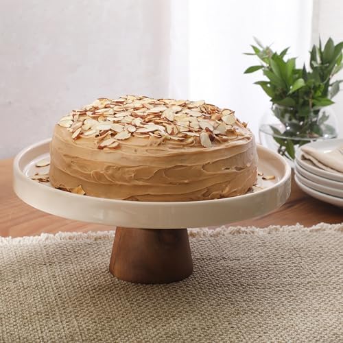 10.7-Inch Stoneware Cake Stand with Acacia Wood Base - Taupe Round Dessert Display Stand for Cakes, Cupcakes &, alternate