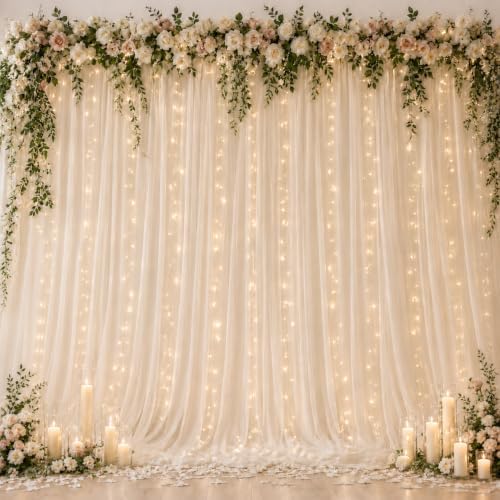 10×8ft Beige Tulle Backdrop Curtains with Lights(2 Panels 5×8ft) in 10×8ft
