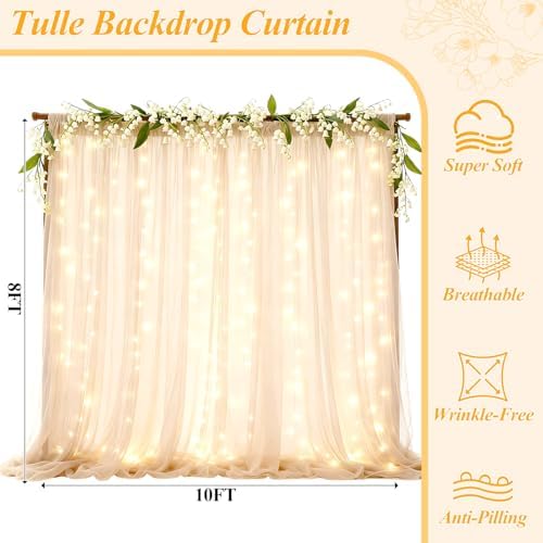 10×8ft Beige Tulle Backdrop Curtains with Lights(2 Panels 5×8ft) in 10×8ft, alternate view 2
