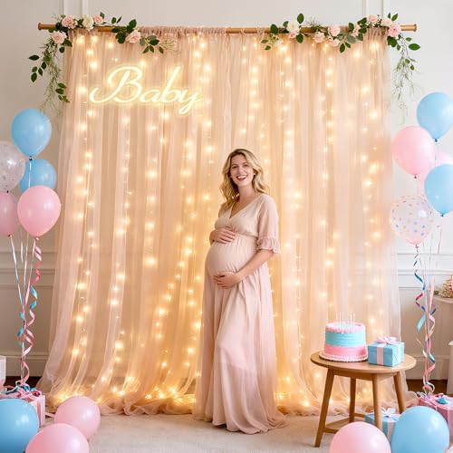 10×8ft Beige Tulle Backdrop Curtains with Lights(2 Panels 5×8ft) in 10×8ft, alternate view 7