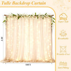10×8ft Beige Tulle Backdrop Curtains with Lights(6 Panels 5×8ft) in 30×8ft(6 Panels 5×8ft) in Beige, alternate view 2