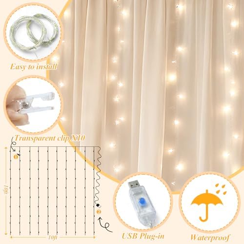 10×8ft Beige Tulle Backdrop Curtains with Lights(6 Panels 5×8ft) in 30×8ft(6 Panels 5×8ft) in Beige, alternate view 3