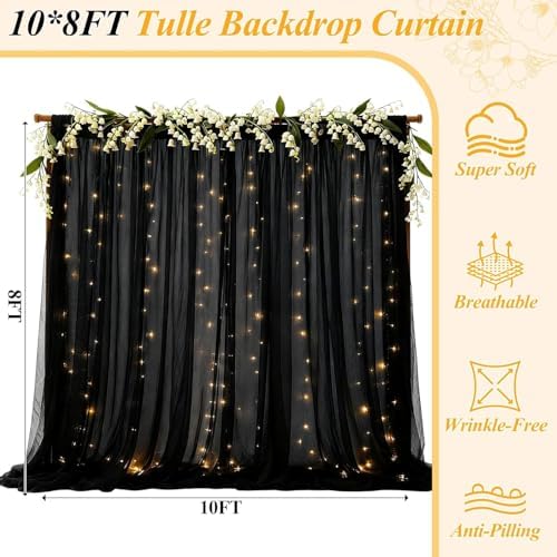 10×8ft Black Tulle Backdrop Curtains with Lights(2 Panels 5×8ft) in 10×8ft, alternate view 3