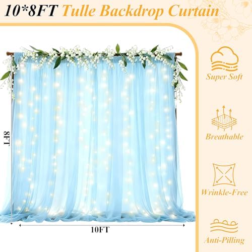 10×8ft Blue Tulle Backdrop Curtains with Lights(2 Panels 5×8ft) in 10×8ft, alternate view 2