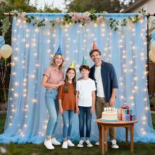 10×8ft Blue Tulle Backdrop Curtains with Lights(4 Panels 5×8ft) in 20×8ft(4 Panels 5×8ft) in Blue, alternate view 6