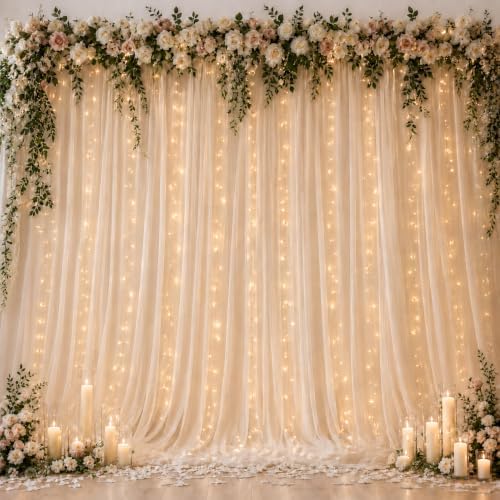 10×8ft Champagne Tulle Backdrop Curtains with Lights(2 Panels 5×8ft) in 10×8ft