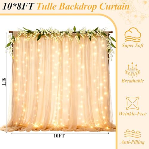 10×8ft Champagne Tulle Backdrop Curtains with Lights(8 Panels 5×8ft) in 10×8ft, alternate view 2