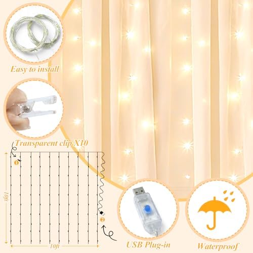 10×8ft Champagne Tulle Backdrop Curtains with Lights(8 Panels 5×8ft) in 10×8ft, alternate view 3