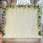 10×8ft Ivory Tulle Curtain Backdrop with Lights String for Parites, Sheer Backdrop Curtain Drapes for Wedding