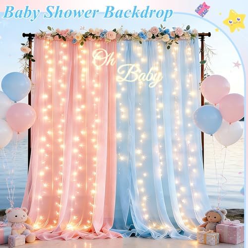 10×8ft Pink Blue Tulle Backdrop Curtains with Light(2 Panels 5×8ft) in 10×8ft(2 Panels 5×8ft) in Pink-Blue, alternate view 5