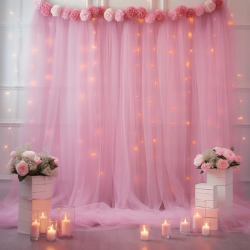 10×8ft Pink Tulle Curtain Backdrop with Lights String for Parites, Sheer Backdrop Curtain Drapes for Wedding