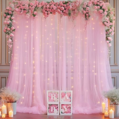 10×8ft Pink Tulle Curtain Backdrop with Lights String for Parites, Sheer Backdrop Curtain Drapes for Wedding, alternate view