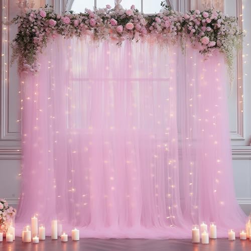 10×8ft Pink Tulle Curtain Backdrop with Lights String for Parites, Sheer Backdrop Curtain Drapes for Wedding, alternate view