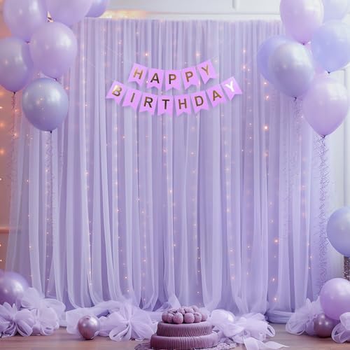 10×8ft PurpleTulle Curtain Backdrop with Lights String for Parites, Sheer Backdrop Curtain Drapes for Wedding, alternate view