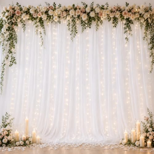 10×8ft White Tulle Backdrop Curtains with Lights(2 Panels 5×8ft) in 10×8ft