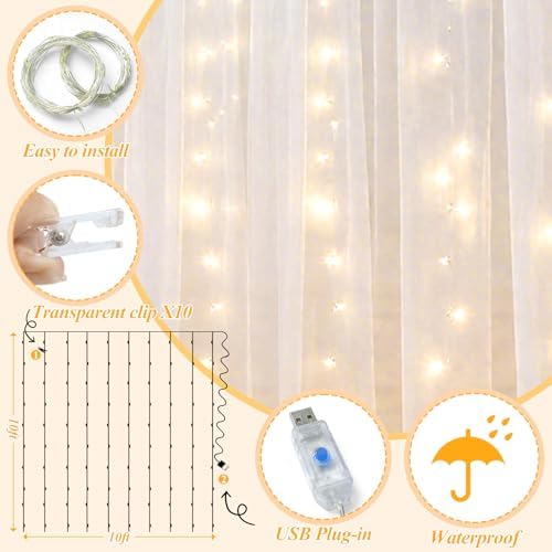 10×8ft White Tulle Backdrop Curtains with Lights(2 Panels 5×8ft) in 10×8ft, alternate view 3