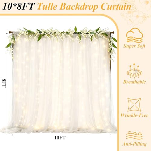 10×8ft White Tulle Backdrop Curtains with Lights(4 Panels 5×8ft) in 10×8ft, alternate view 2