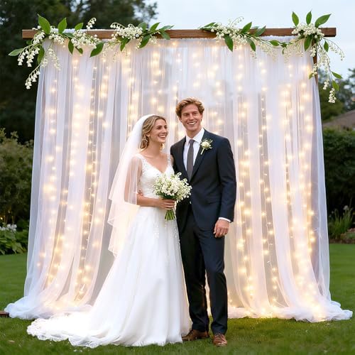 10×8ft White Tulle Backdrop Curtains with Lights(4 Panels 5×8ft) in 10×8ft, alternate view 6