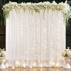 10×8ft White Tulle Curtain Backdrop with Lights String for Parites, Sheer Backdrop Curtain Drapes for Wedding
