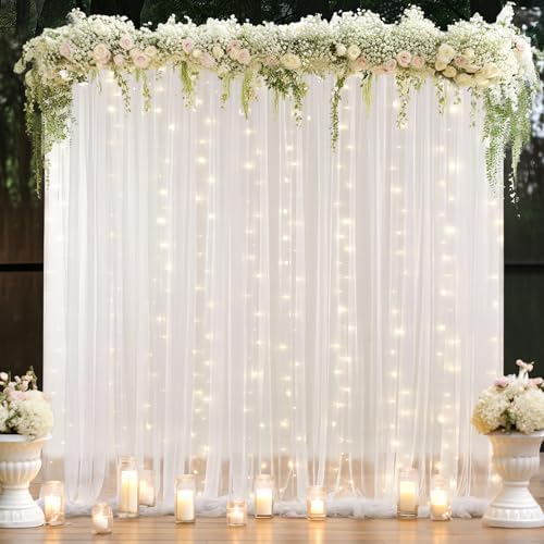 10×8ft White Tulle Curtain Backdrop with Lights String for Parites, Sheer Backdrop Curtain Drapes for Wedding