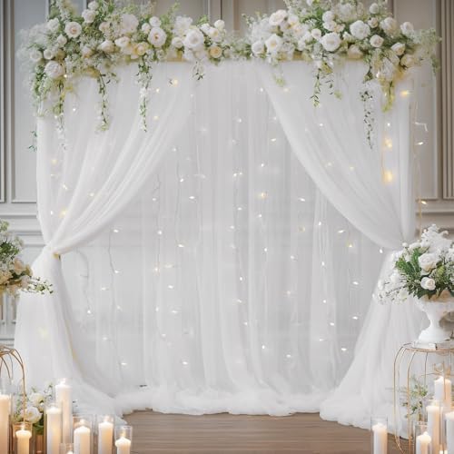 10×8ft White Tulle Curtain Backdrop with Lights String for Parites, Sheer Backdrop Curtain Drapes for Wedding, alternate view
